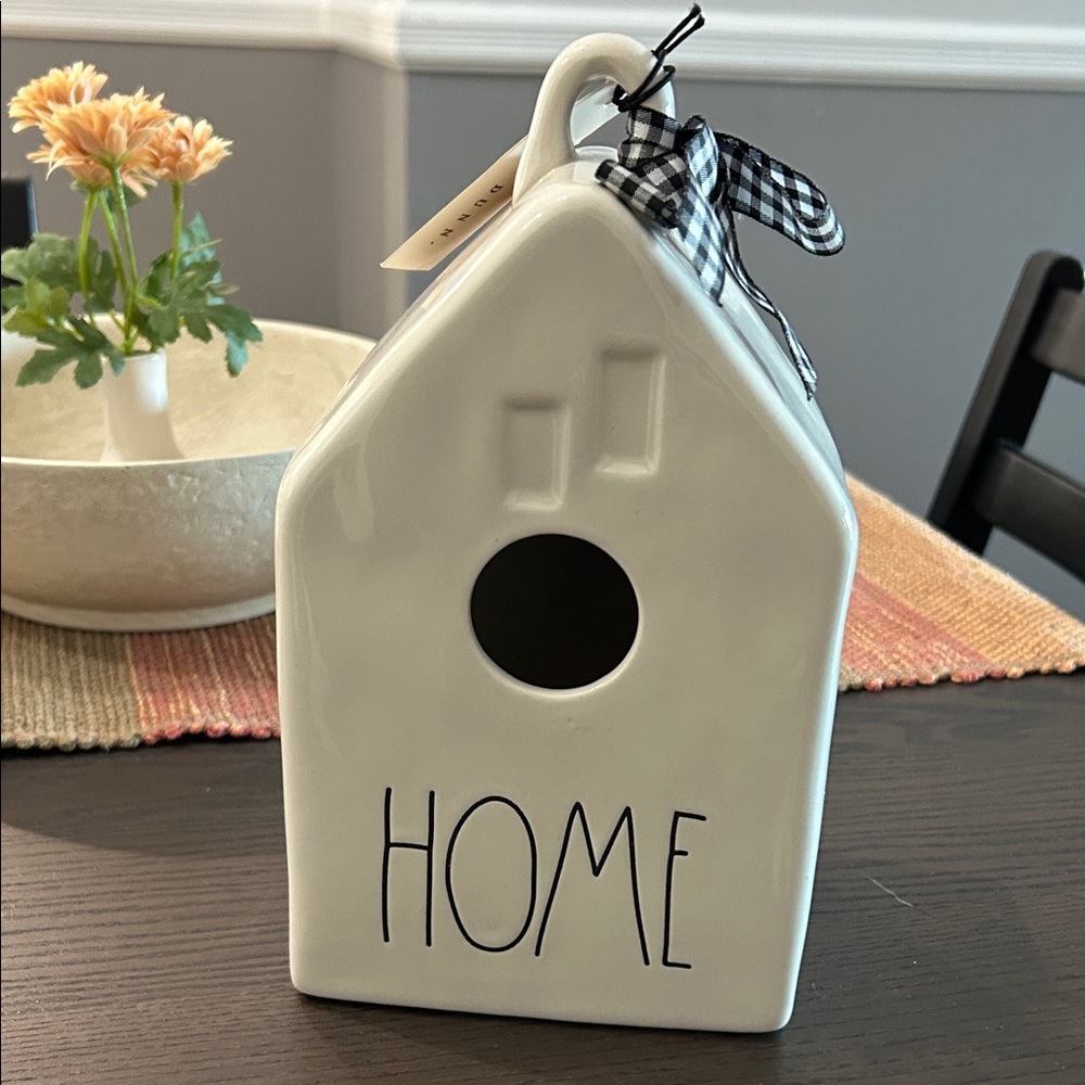 Rae Dunn White Ceramic Birdhouse with Black Checkered Ribbon